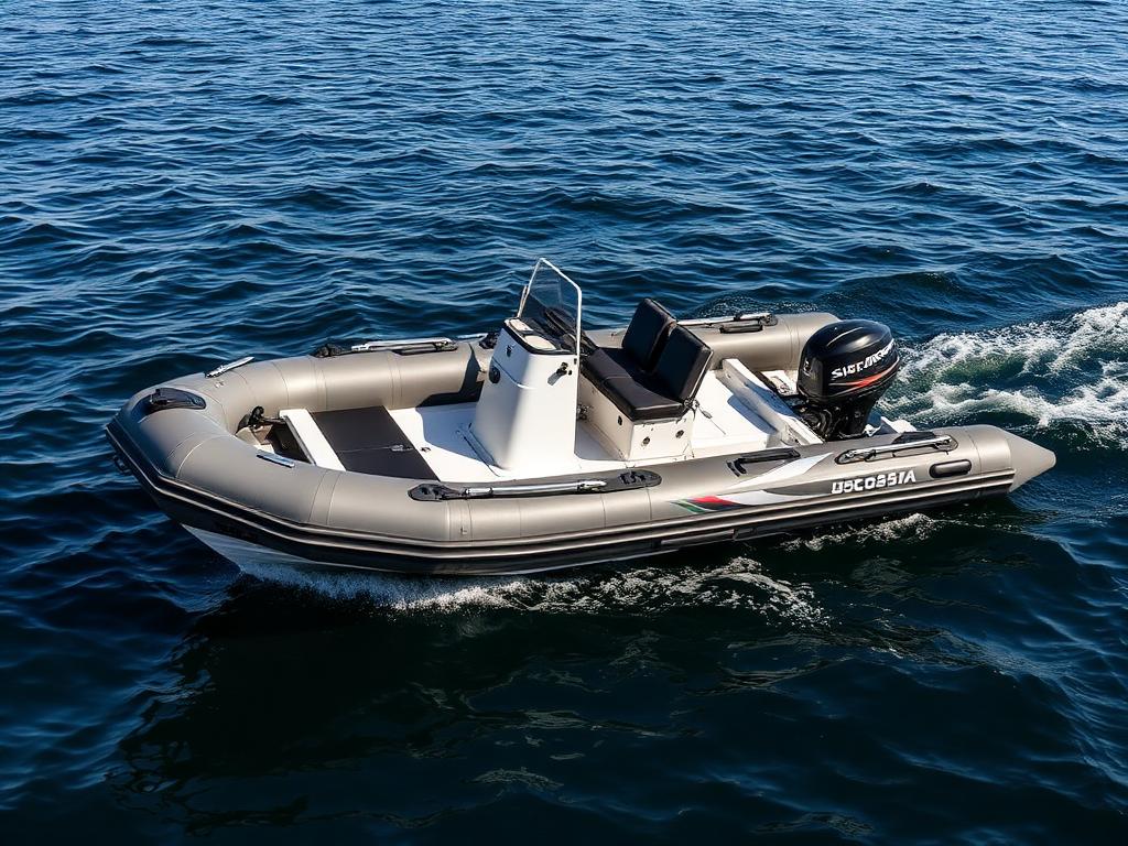 Grey rigid inflatable RIB powerboat running on open water