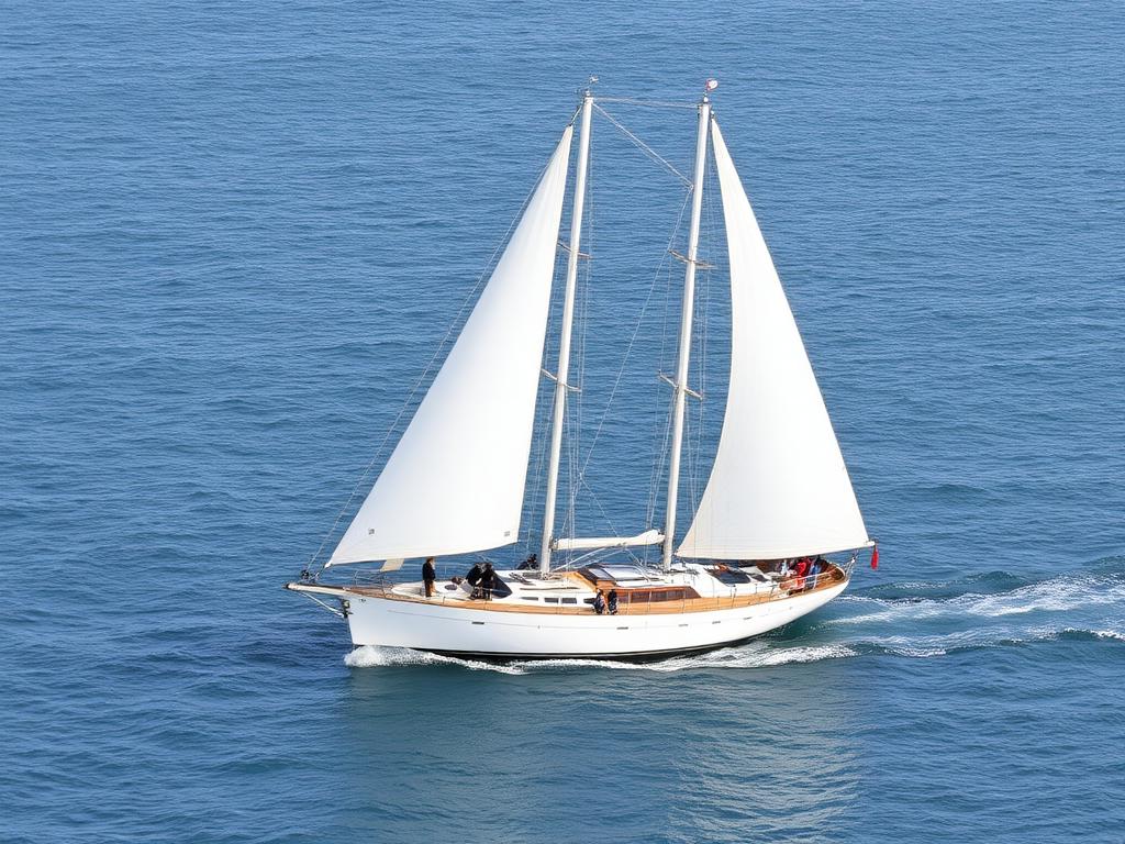 Classic white sailing ketch under full sail on blue coastal water